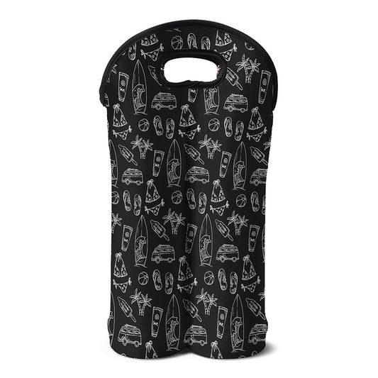 Black White Surfing Pattern Print Double Neoprene Wine Tote