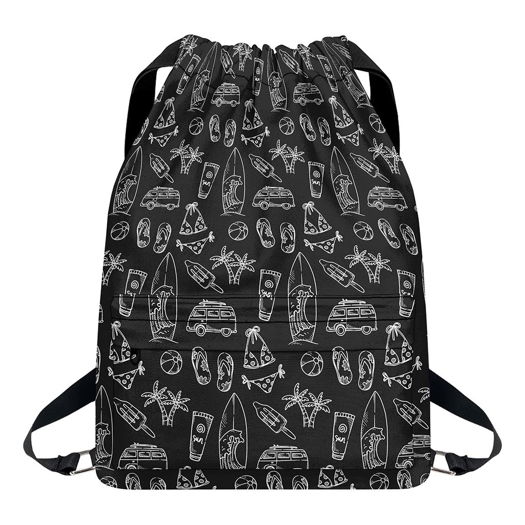 Black White Surfing Pattern Print Drawstring Backpack