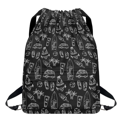 Black White Surfing Pattern Print Drawstring Backpack
