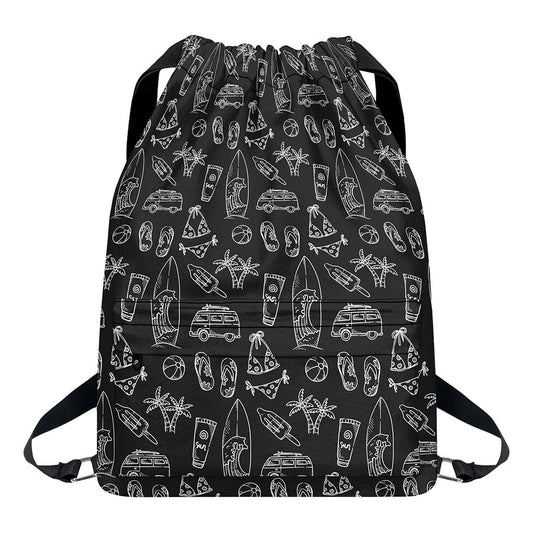 Black White Surfing Pattern Print Drawstring Backpack