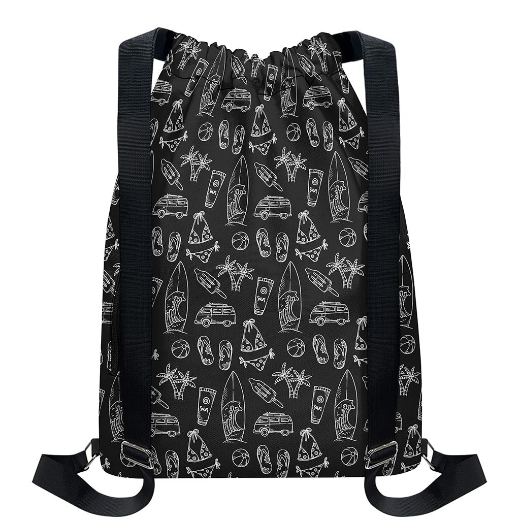 Black White Surfing Pattern Print Drawstring Backpack