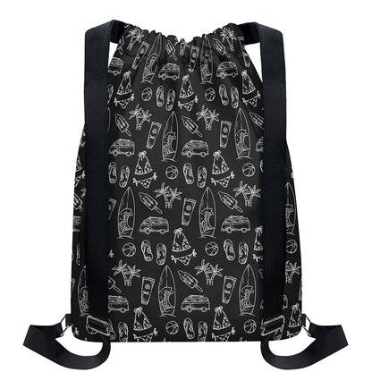 Black White Surfing Pattern Print Drawstring Backpack