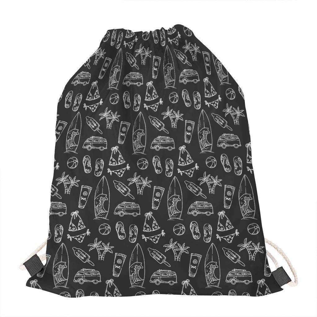 Black White Surfing Pattern Print Drawstring Bag