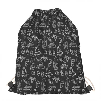 Black White Surfing Pattern Print Drawstring Bag