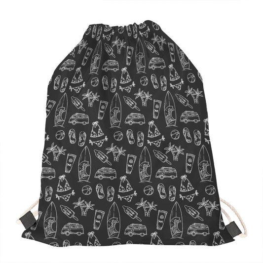 Black White Surfing Pattern Print Drawstring Bag