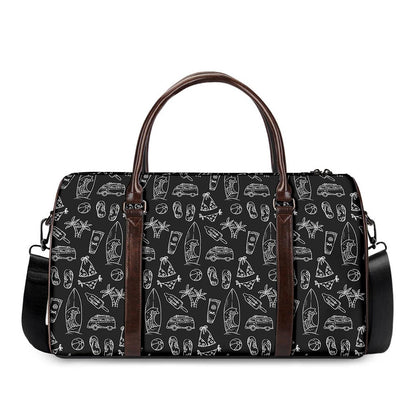 Black White Surfing Pattern Print Duffle Bag