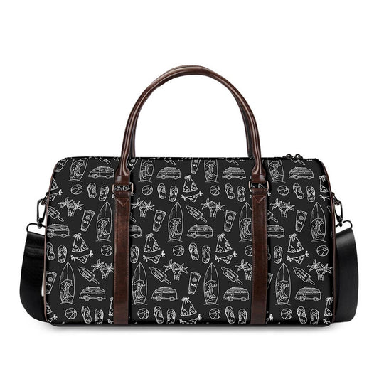 Black White Surfing Pattern Print Duffle Bag