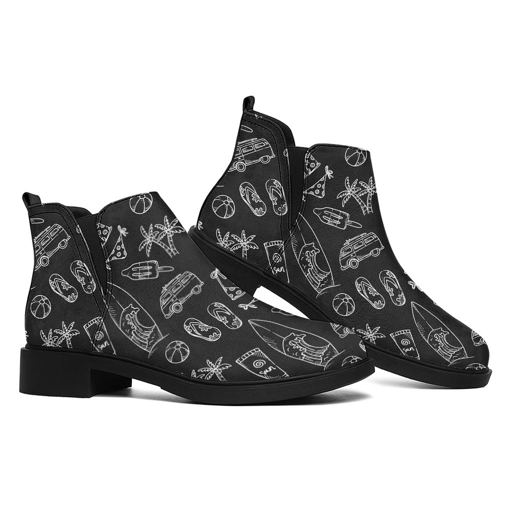 Black White Surfing Pattern Print Flat Ankle Boots
