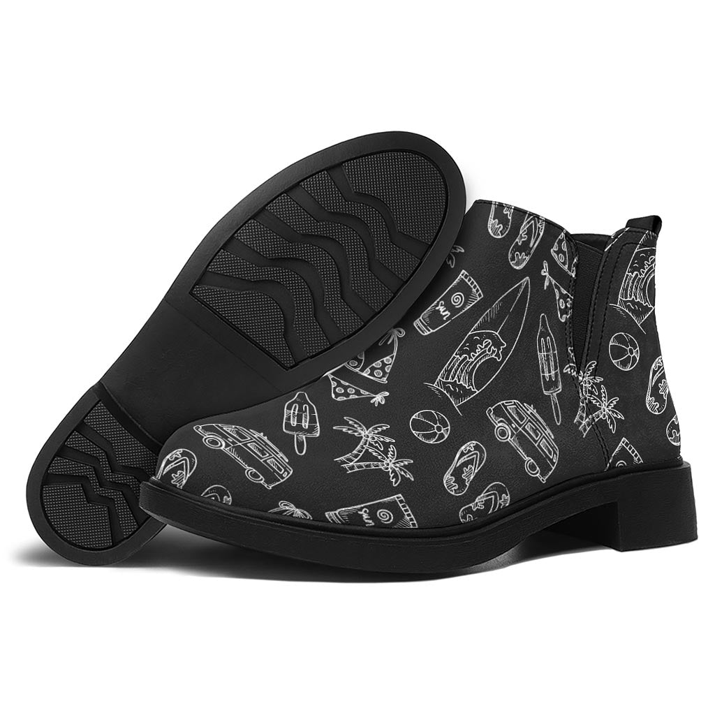 Black White Surfing Pattern Print Flat Ankle Boots