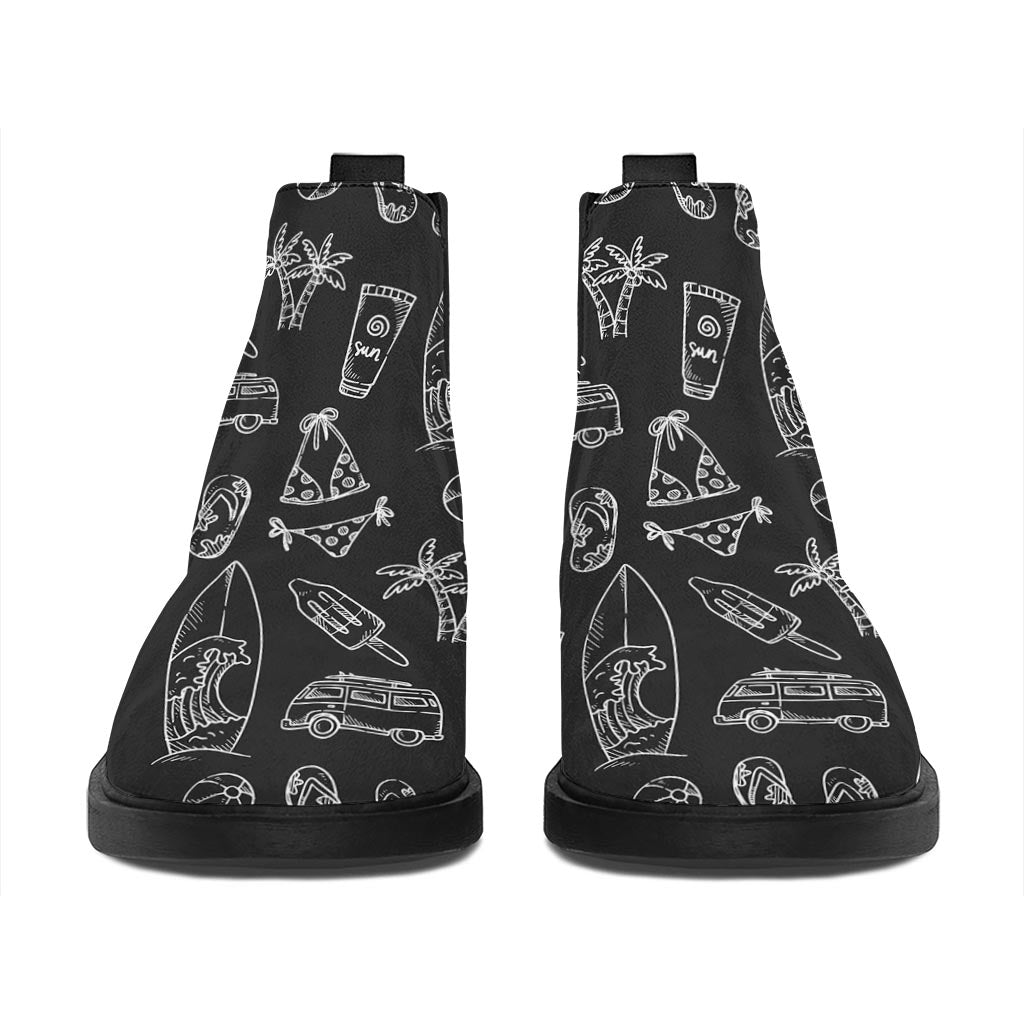 Black White Surfing Pattern Print Flat Ankle Boots