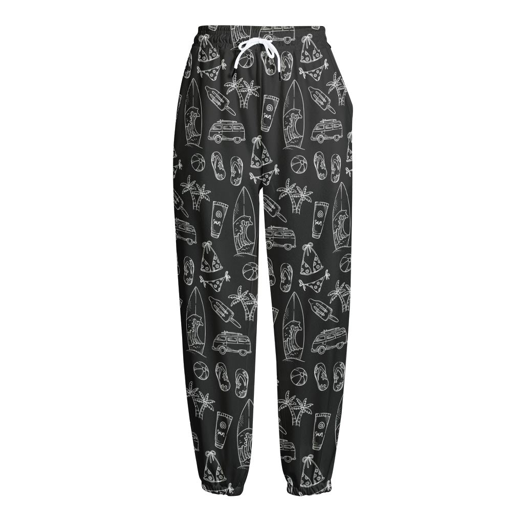 Black White Surfing Pattern Print Fleece Lined Knit Pants