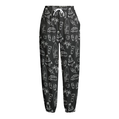Black White Surfing Pattern Print Fleece Lined Knit Pants