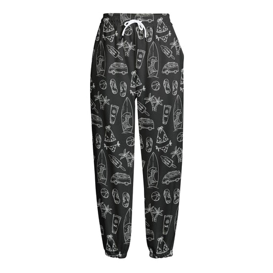 Black White Surfing Pattern Print Fleece Lined Knit Pants