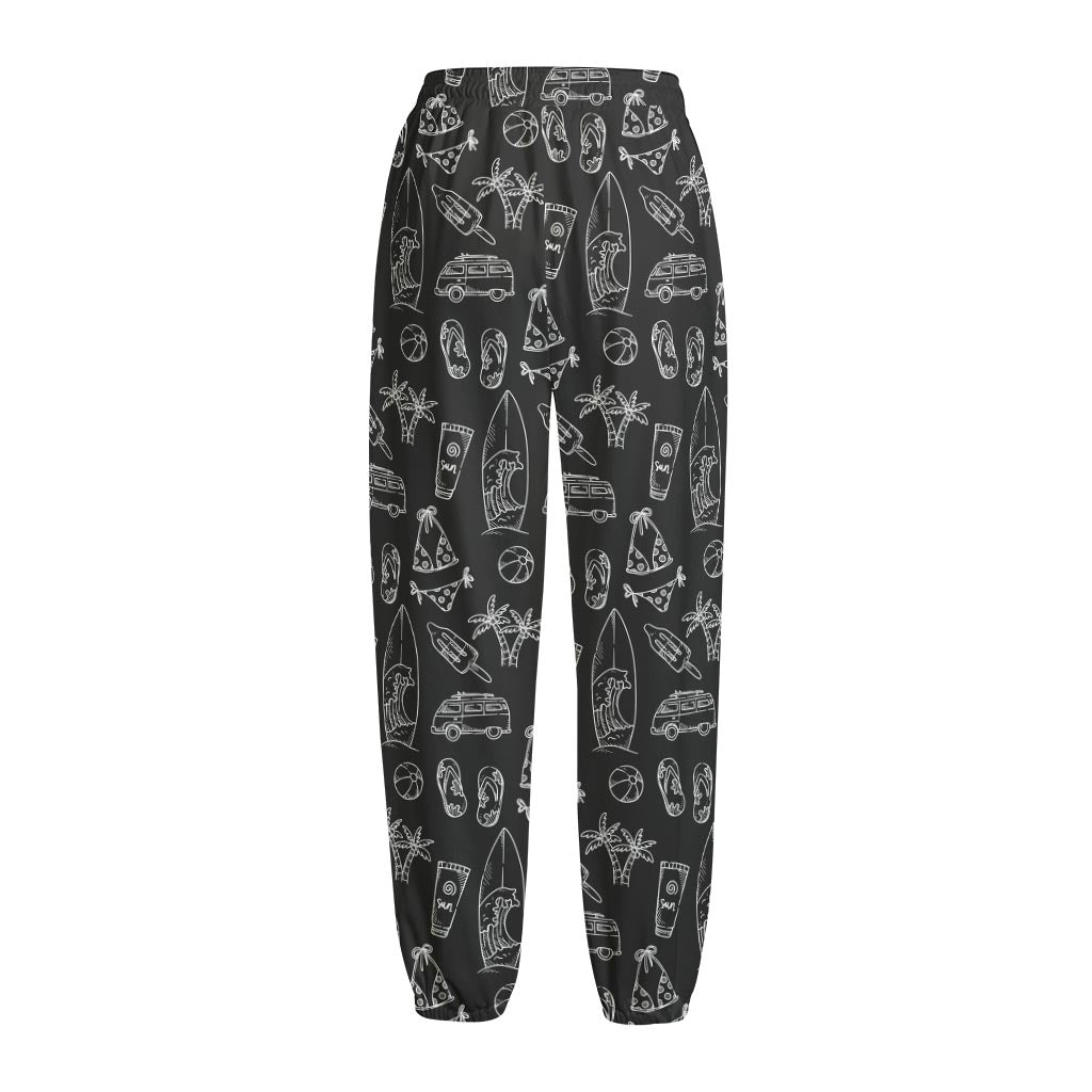 Black White Surfing Pattern Print Fleece Lined Knit Pants