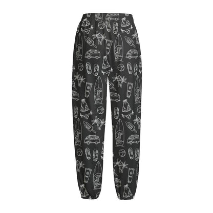 Black White Surfing Pattern Print Fleece Lined Knit Pants