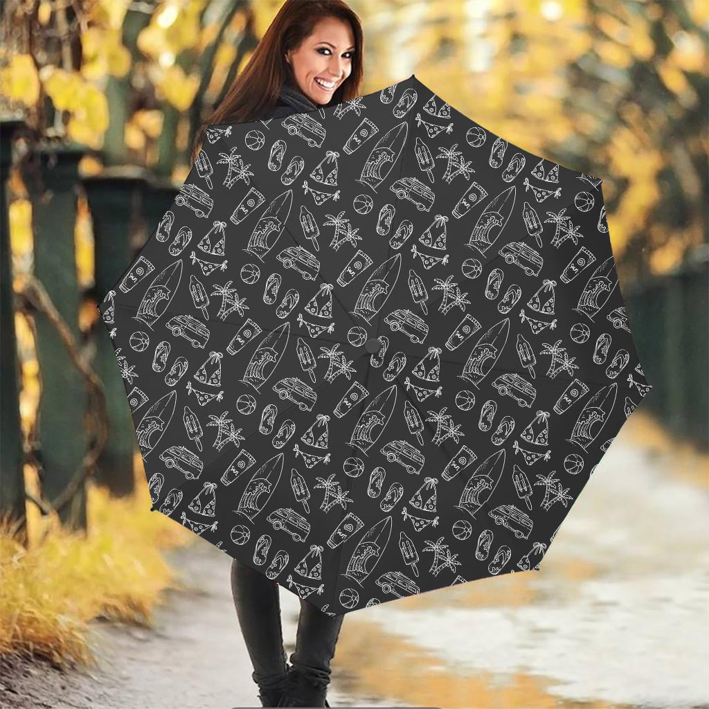 Black White Surfing Pattern Print Foldable Umbrella
