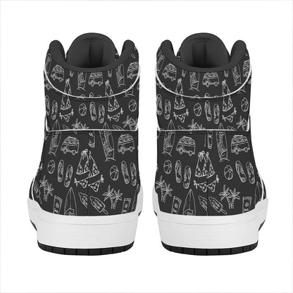 Black White Surfing Pattern Print High Top Leather Sneakers