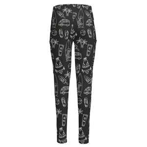 Black White Surfing Pattern Print High-Waisted Pocket Leggings