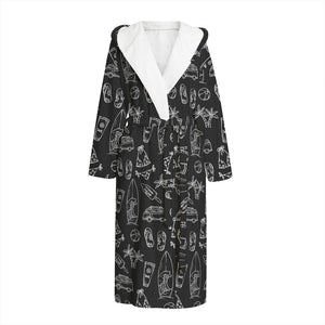 Black White Surfing Pattern Print Hooded Bathrobe