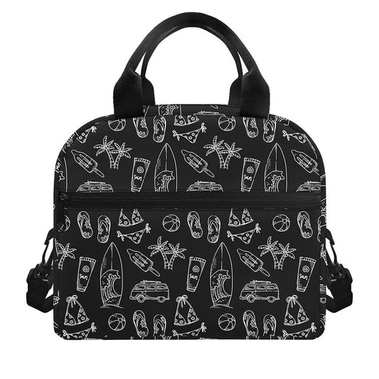 Black White Surfing Pattern Print Insulated Lunch Bag