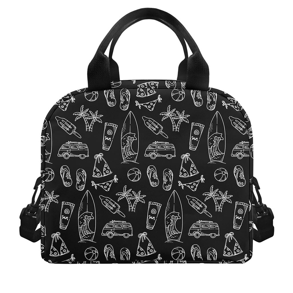 Black White Surfing Pattern Print Insulated Lunch Bag