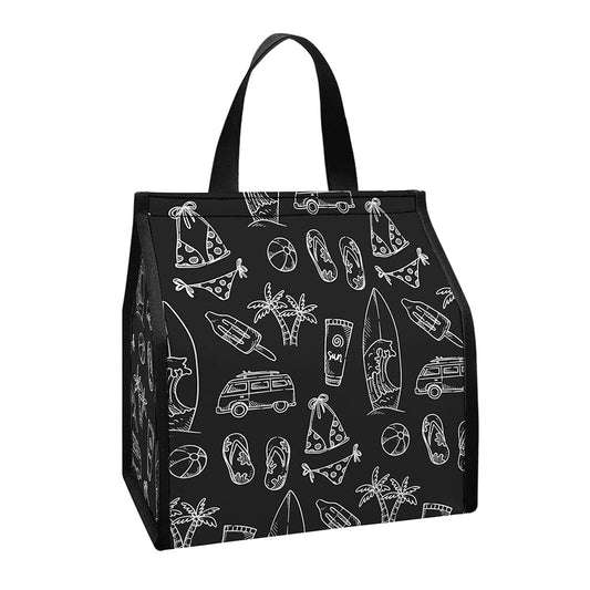 Black White Surfing Pattern Print Insulated Lunch Tote