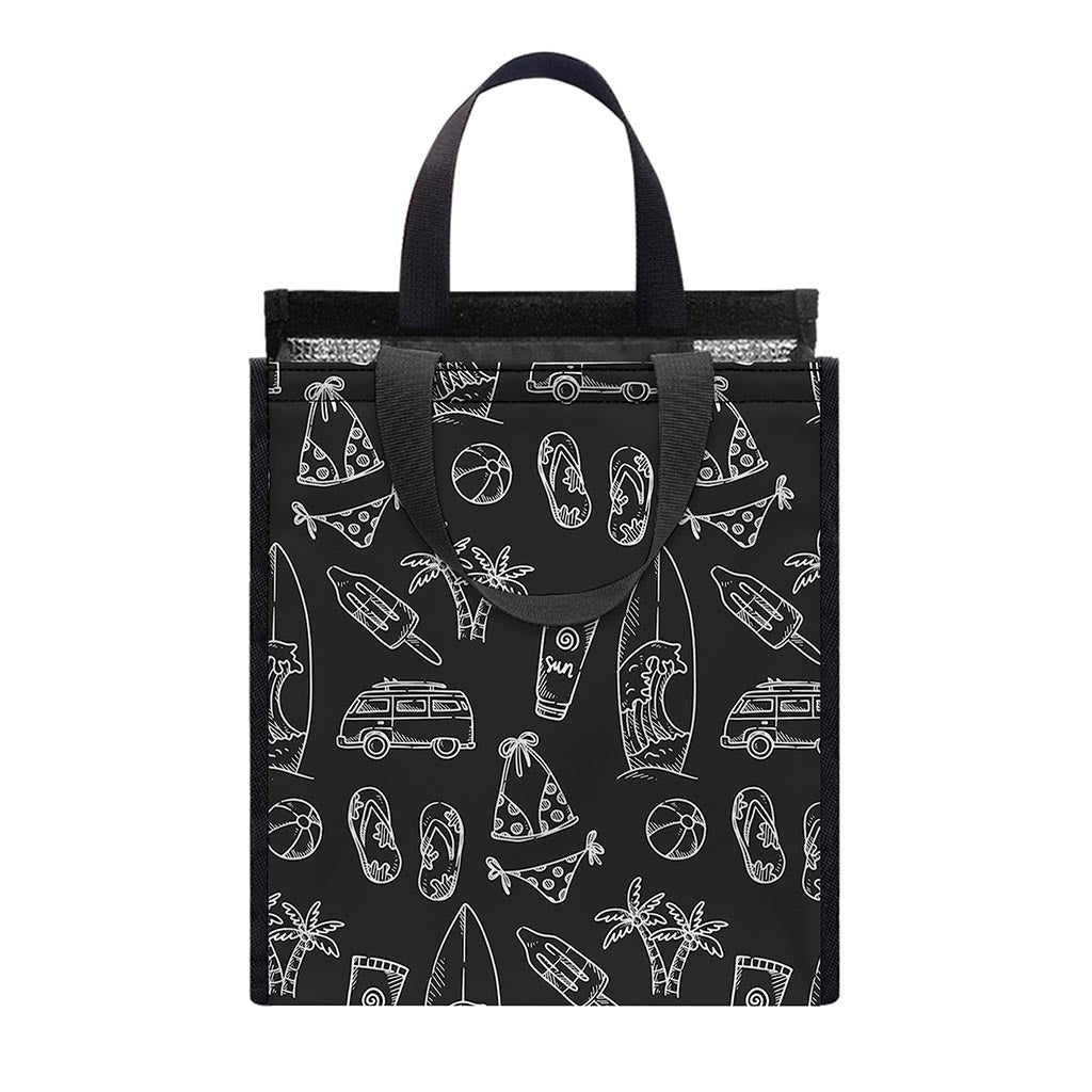 Black White Surfing Pattern Print Insulated Lunch Tote