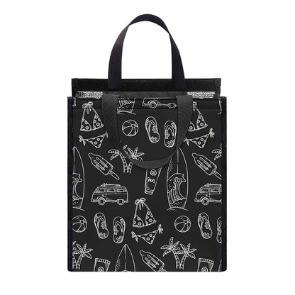 Black White Surfing Pattern Print Insulated Lunch Tote