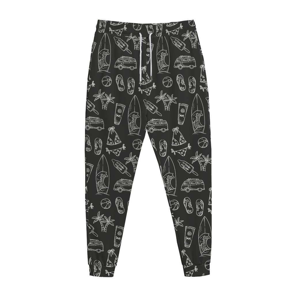 Black White Surfing Pattern Print Jogger Pants