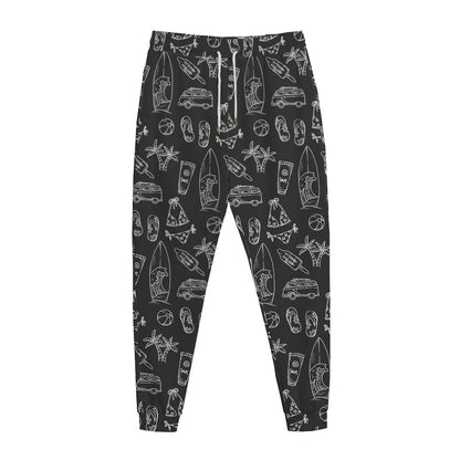 Black White Surfing Pattern Print Jogger Pants