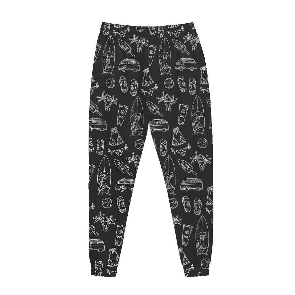 Black White Surfing Pattern Print Jogger Pants