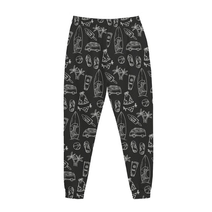 Black White Surfing Pattern Print Jogger Pants