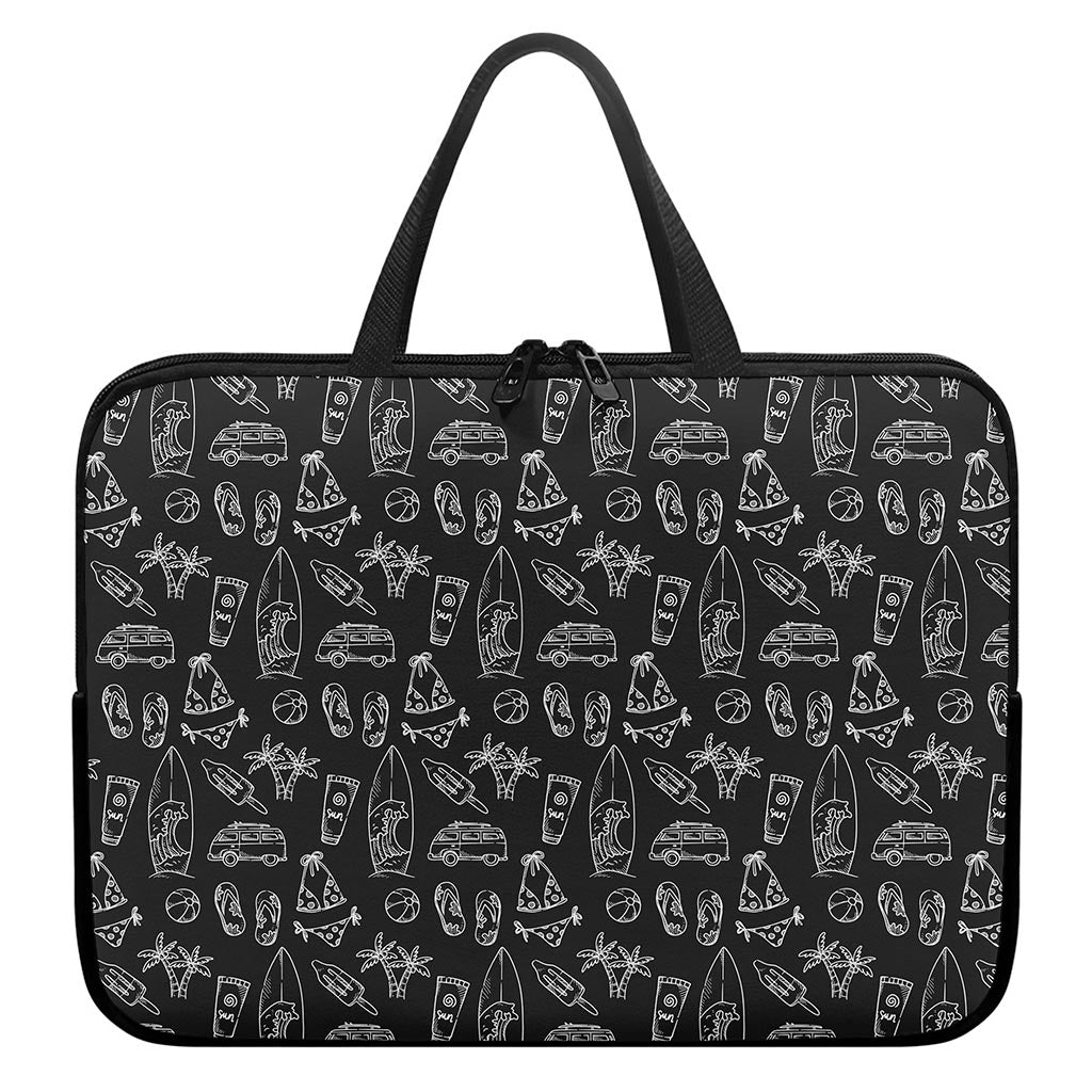 Black White Surfing Pattern Print Laptop Sleeve With Handle