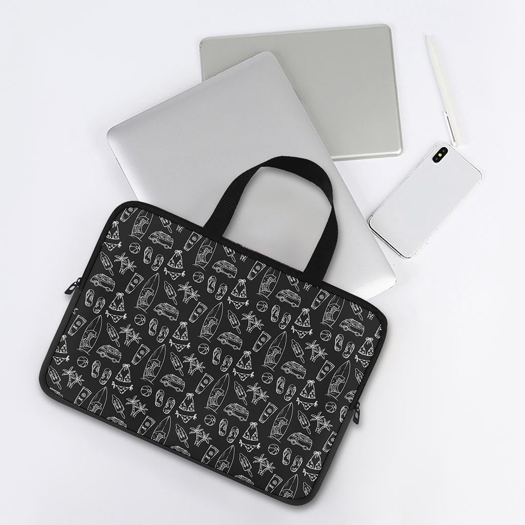 Black White Surfing Pattern Print Laptop Sleeve With Handle