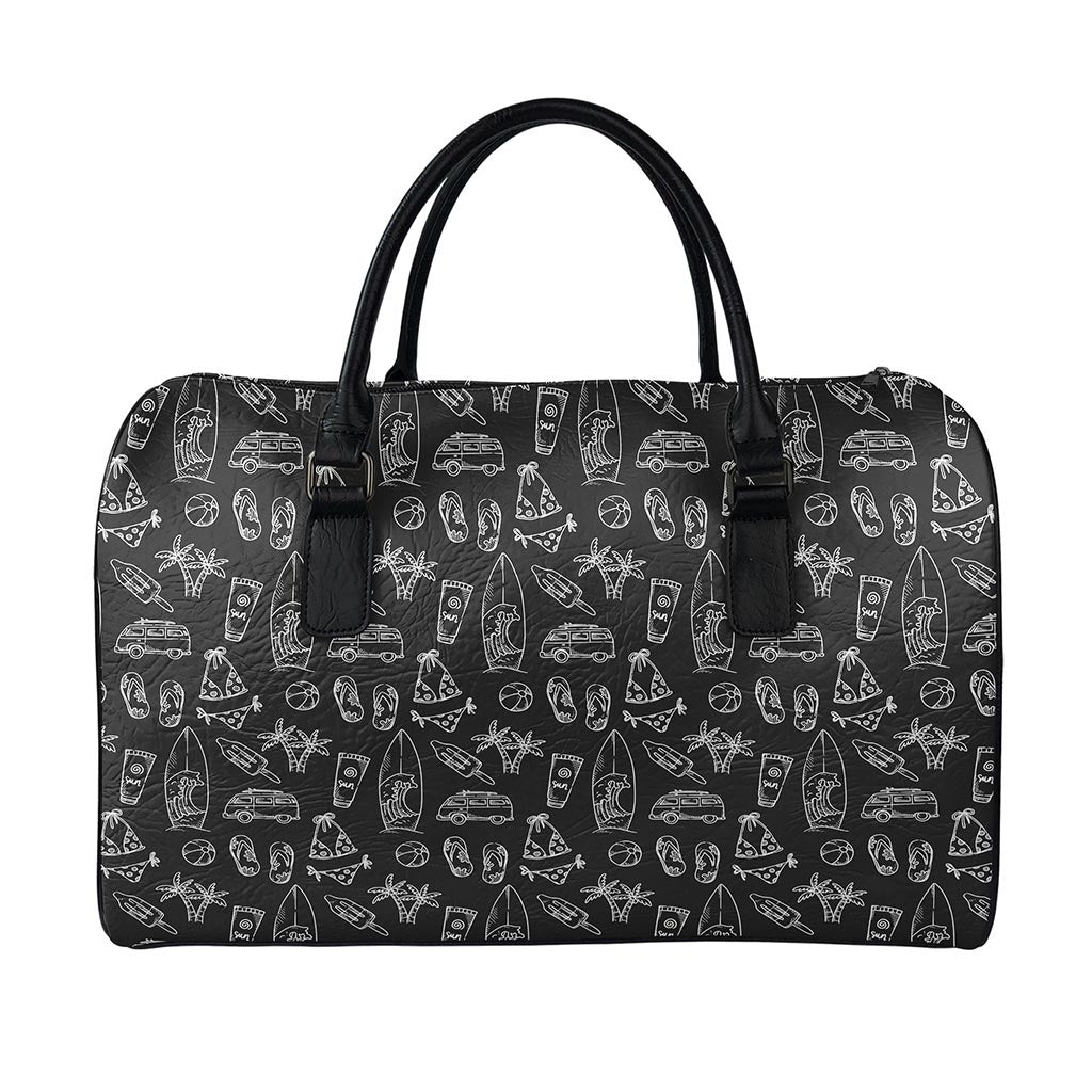 Black White Surfing Pattern Print Leather Duffle Bag