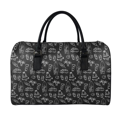 Black White Surfing Pattern Print Leather Duffle Bag