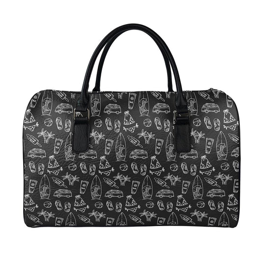 Black White Surfing Pattern Print Leather Duffle Bag