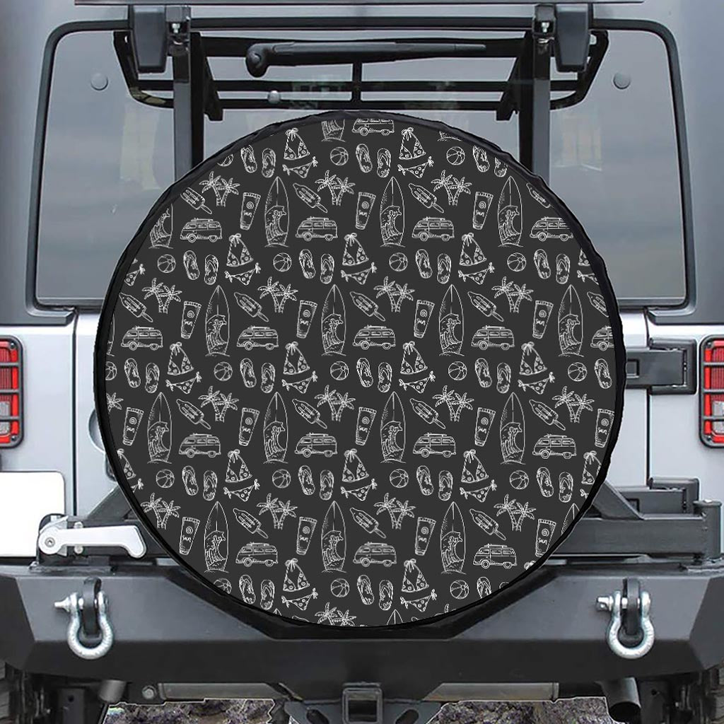 Black White Surfing Pattern Print Leather Spare Tire Cover