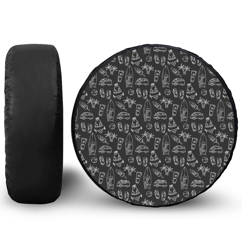 Black White Surfing Pattern Print Leather Spare Tire Cover