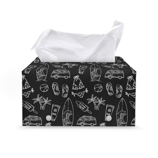 Black White Surfing Pattern Print Leather Tissue Box Cover