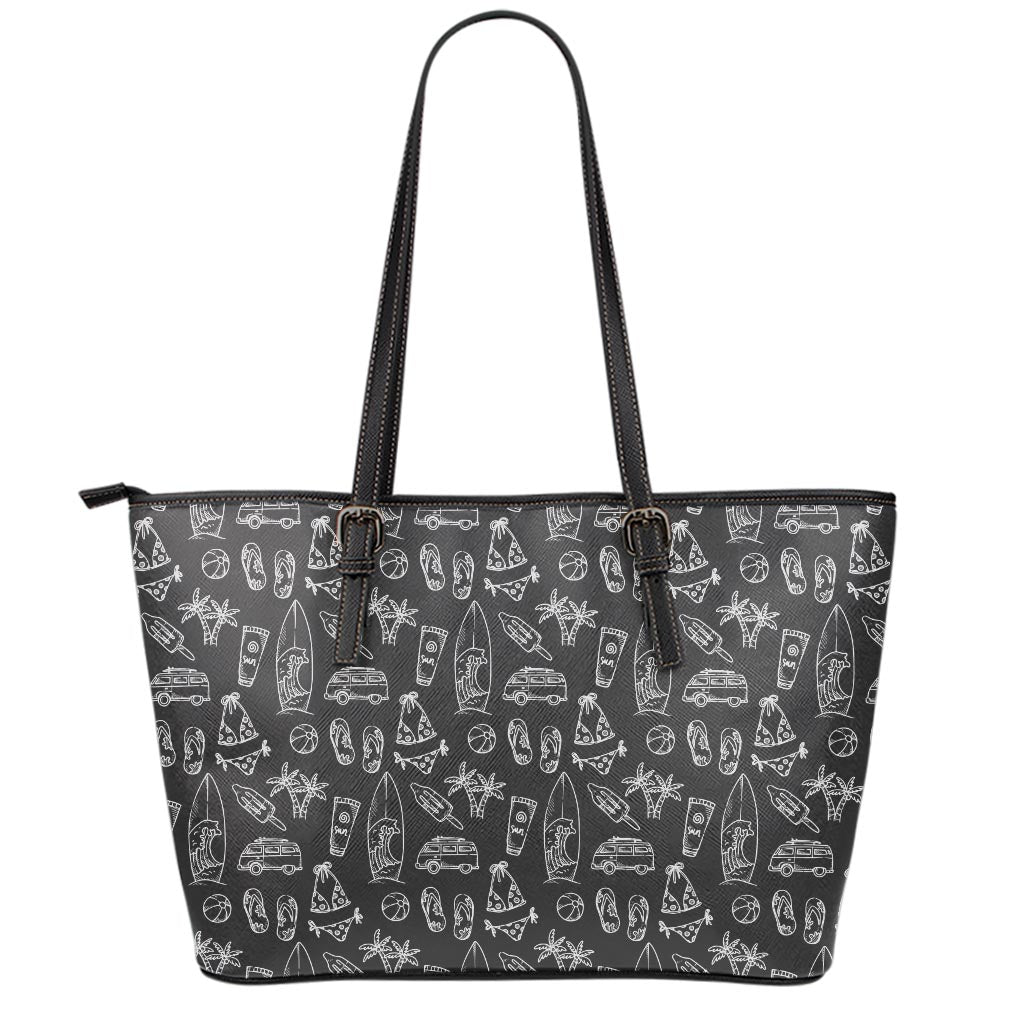 Black White Surfing Pattern Print Leather Tote Bag