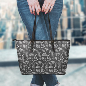 Black White Surfing Pattern Print Leather Tote Bag