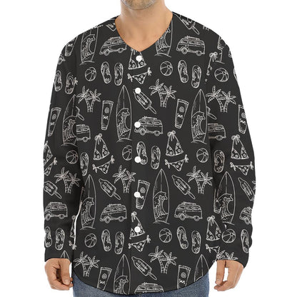 Black White Surfing Pattern Print Long Sleeve Baseball Jersey