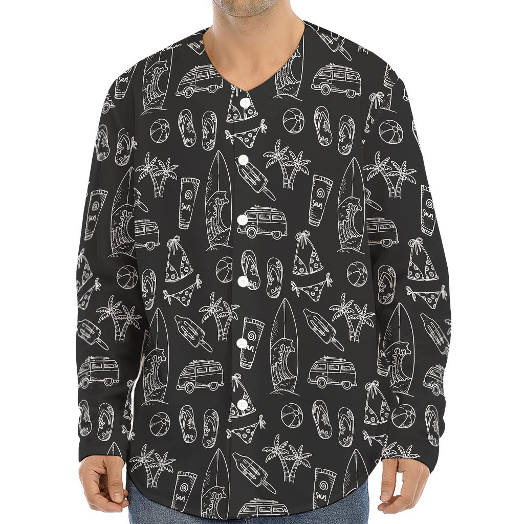 Black White Surfing Pattern Print Long Sleeve Baseball Jersey