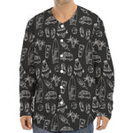 Black White Surfing Pattern Print Long Sleeve Baseball Jersey