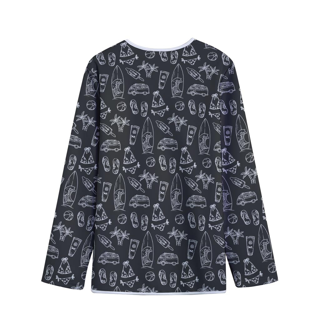 Black White Surfing Pattern Print Long Sleeve Short Coat