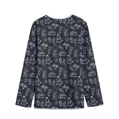 Black White Surfing Pattern Print Long Sleeve Short Coat