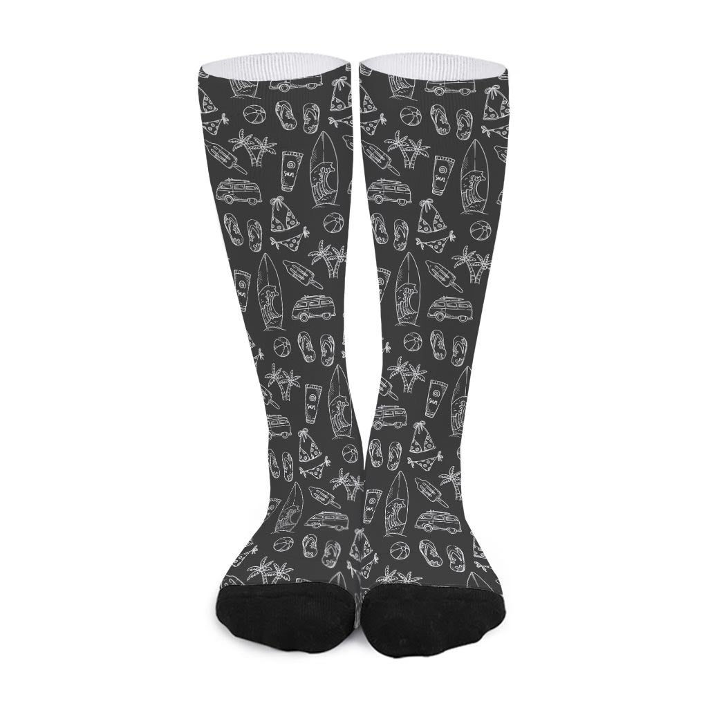 Black White Surfing Pattern Print Long Socks