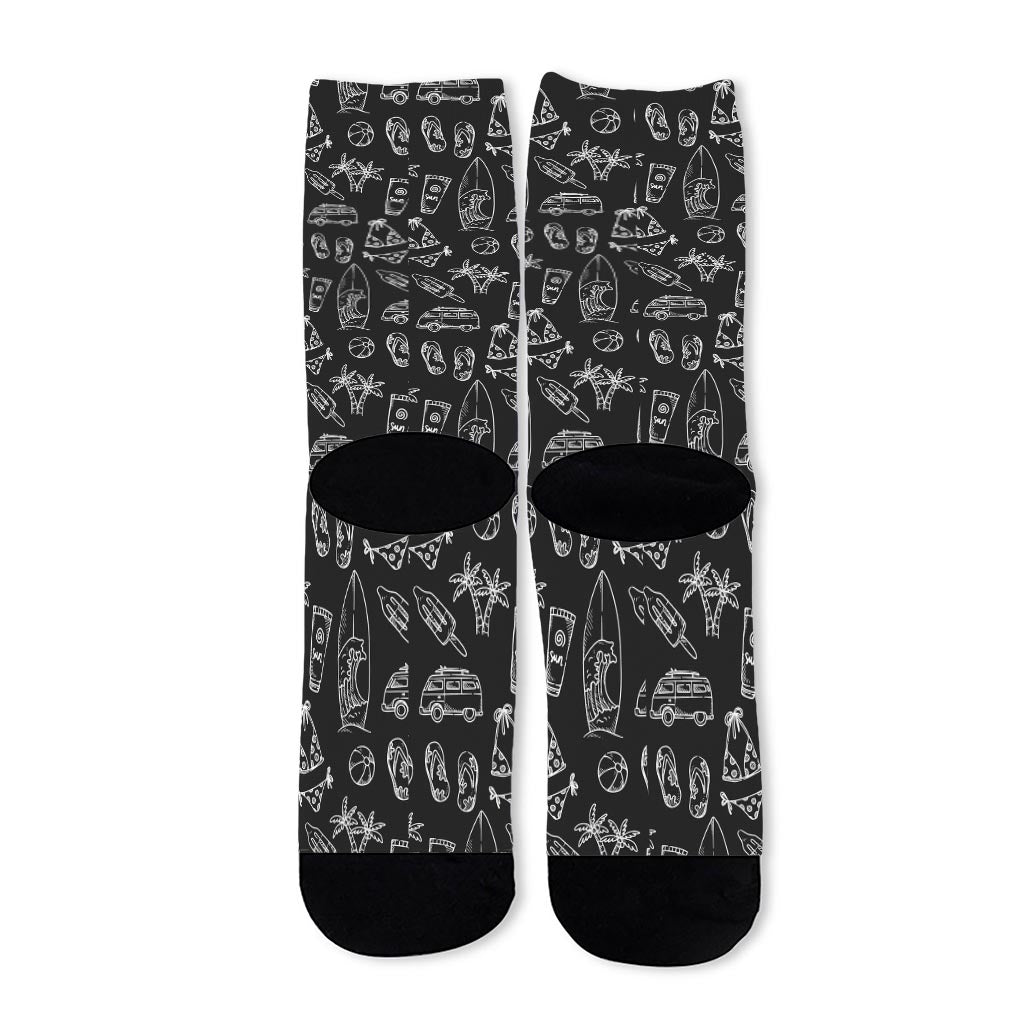 Black White Surfing Pattern Print Long Socks