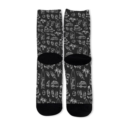 Black White Surfing Pattern Print Long Socks